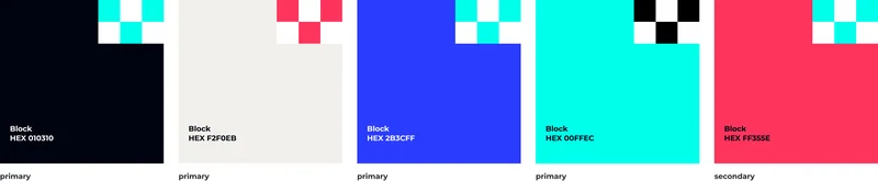 Block HEX 010310 · primary · Block HEX F2F0EB · Block HEX 2B3CFF · Block HEX 00FFEC · Block HEX FF355E · secondary