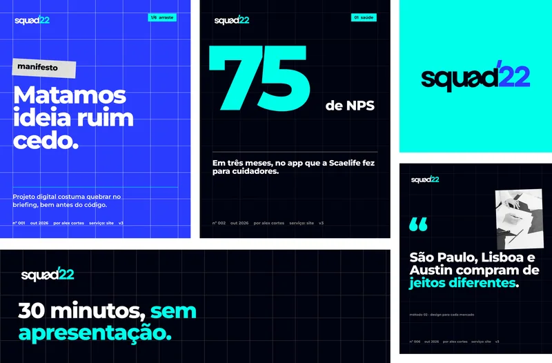 1/6  arraste · manifesto · Matamos ideia ruim cedo. · Projeto digital costuma quebrar no briefing, bem antes do código. · nº 001 · out 2026 · por alex cortes · serviço: site · v3 · 01  saúde · 75 · de NPS · Em três meses, no app que a Scaelife fez para cuidadores. · nº 002 · “ · São Paulo, Lisboa e Austin compram de jeitos diferentes. · método 02 · design para cada mercado · nº 006 · 30 minutos, sem apresentação.