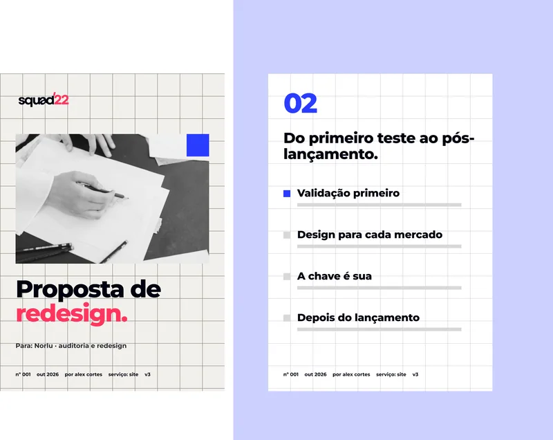 Proposta de redesign. · Para: Norlu · auditoria e redesign · nº 001 · out 2026 · por alex cortes · serviço: site · v3 · 02 · Do primeiro teste ao pós-lançamento. · Validação primeiro · Design para cada mercado · A chave é sua · Depois do lançamento